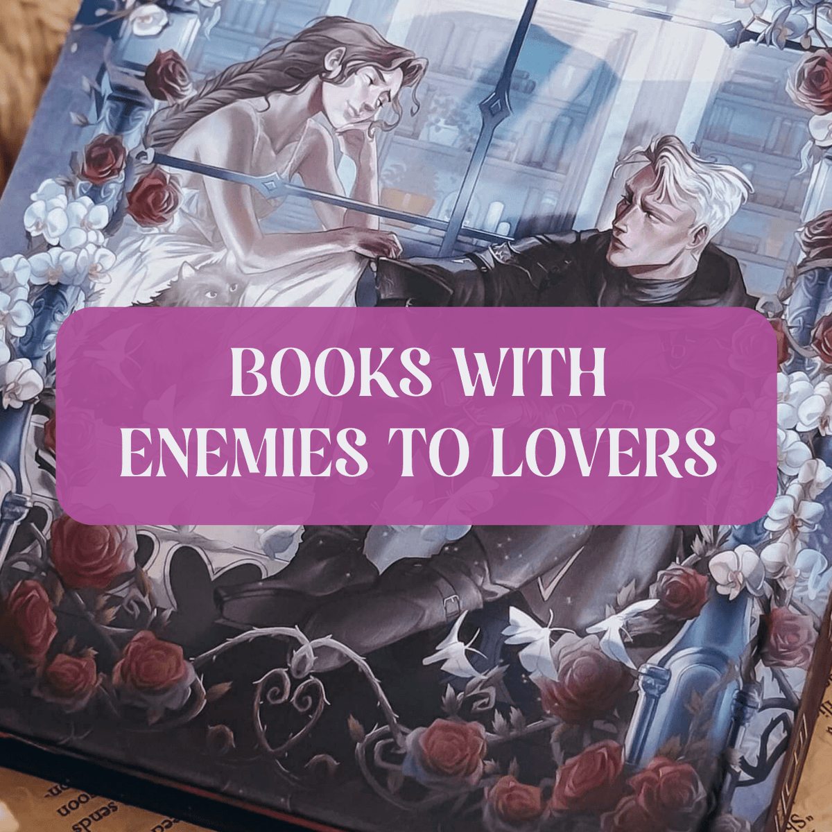Graphic with photo of book and text which reads "BOOKS WITH ENEMIES TO LOVERS"