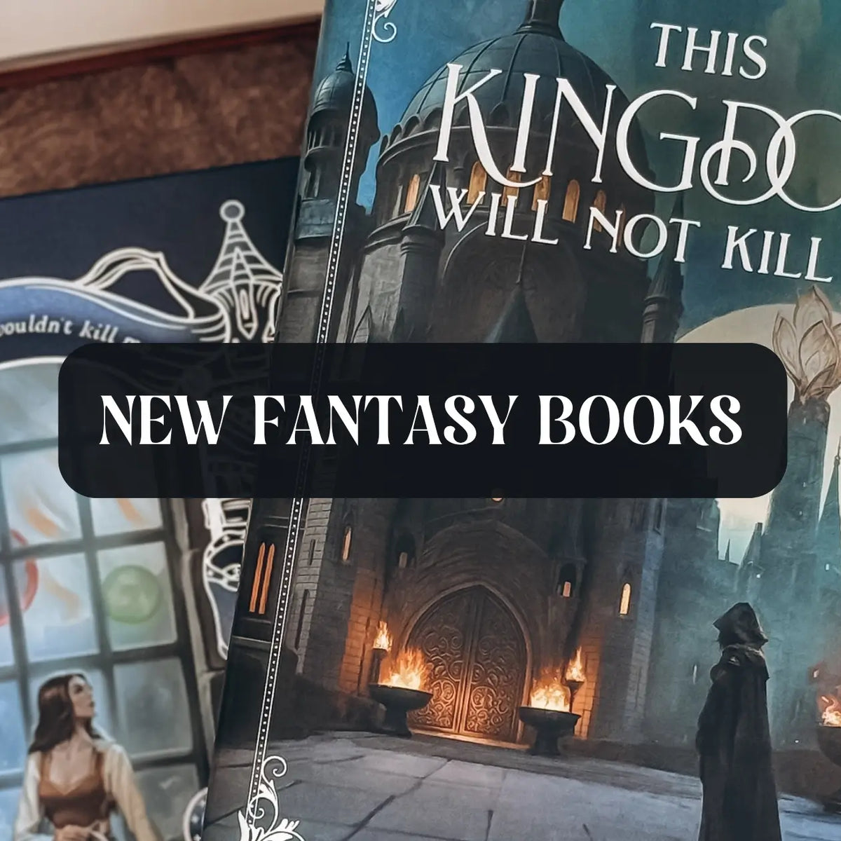 Graphic with photo of book and text which reads "New Fantasy Books"