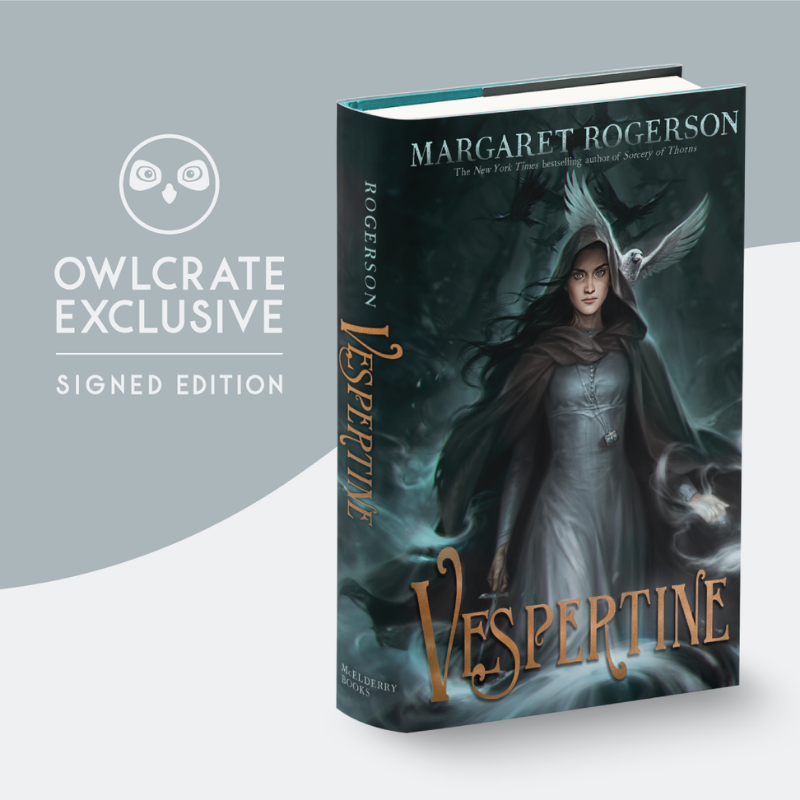 A copy of Vespertine by Margaret Rogerson standing up on a grey background that says "OwlCrate Exclusive Signed Edition"