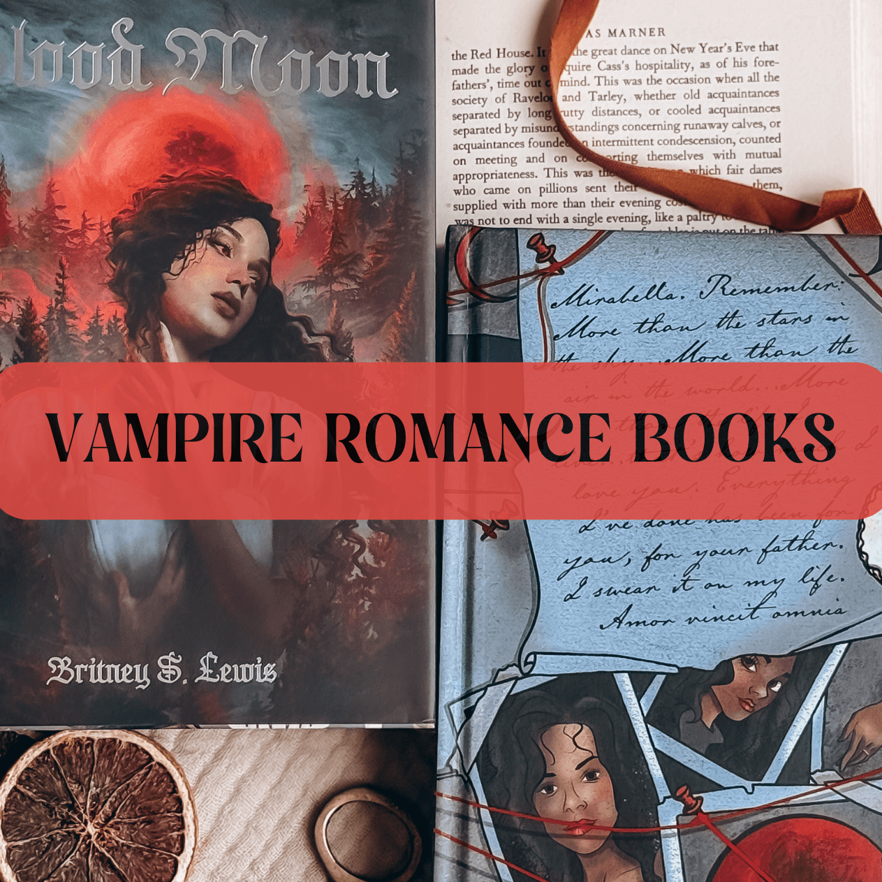 Graphic with photo of book and text which reads "Vampire Romance Books"