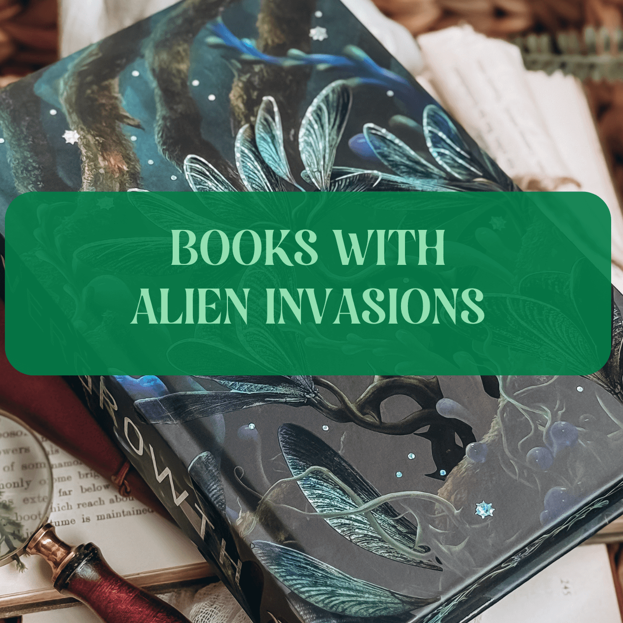Graphic with book and text that reads "Books With Alien Invasions"