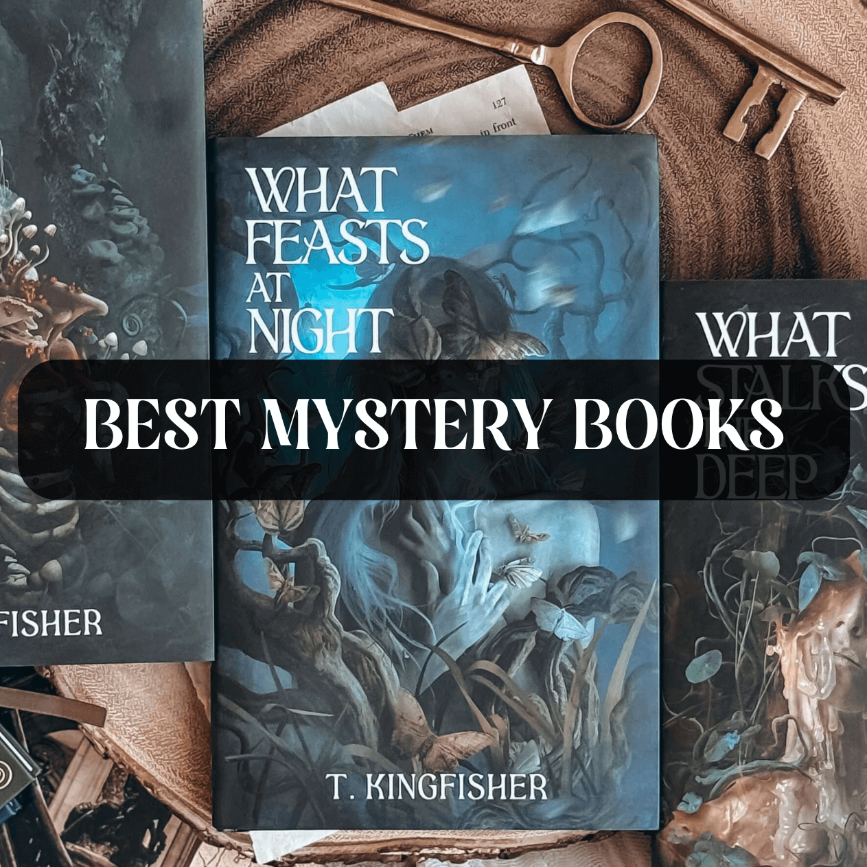 Graphic with books and text that reads "Best Mystery Books"