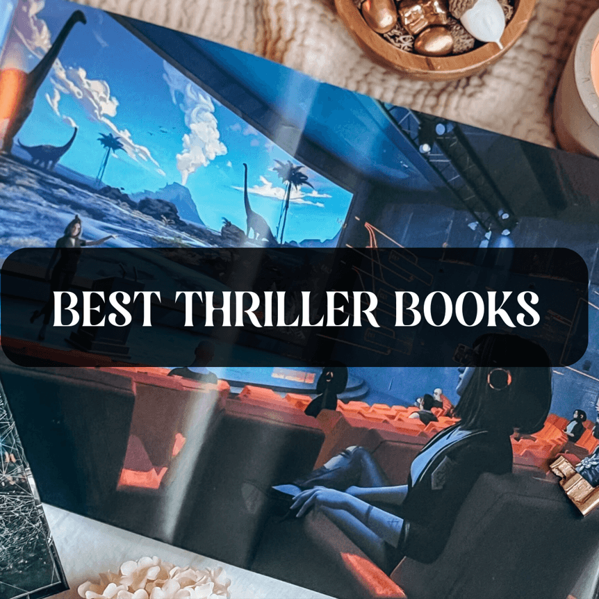 Graphic with photo of book and text which reads "Best Thriller Books"