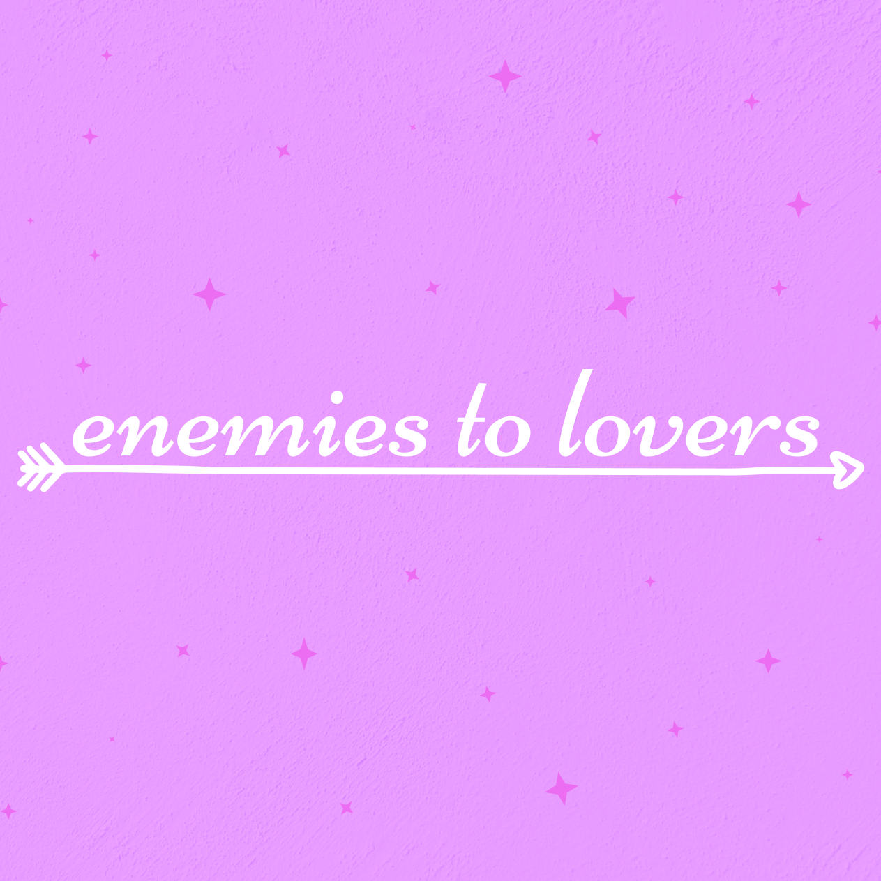 Two crossed daggers, enemies to lovers phrase and a heart on a pink background