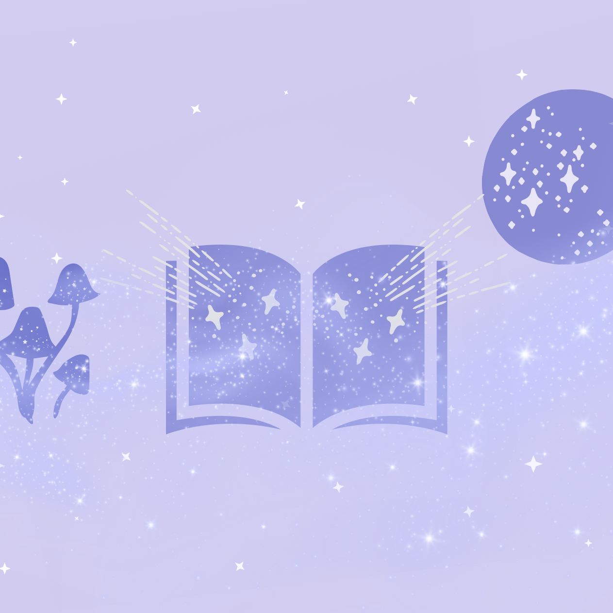 Some mushrooms, a book and the moon surround by magic on a purple background