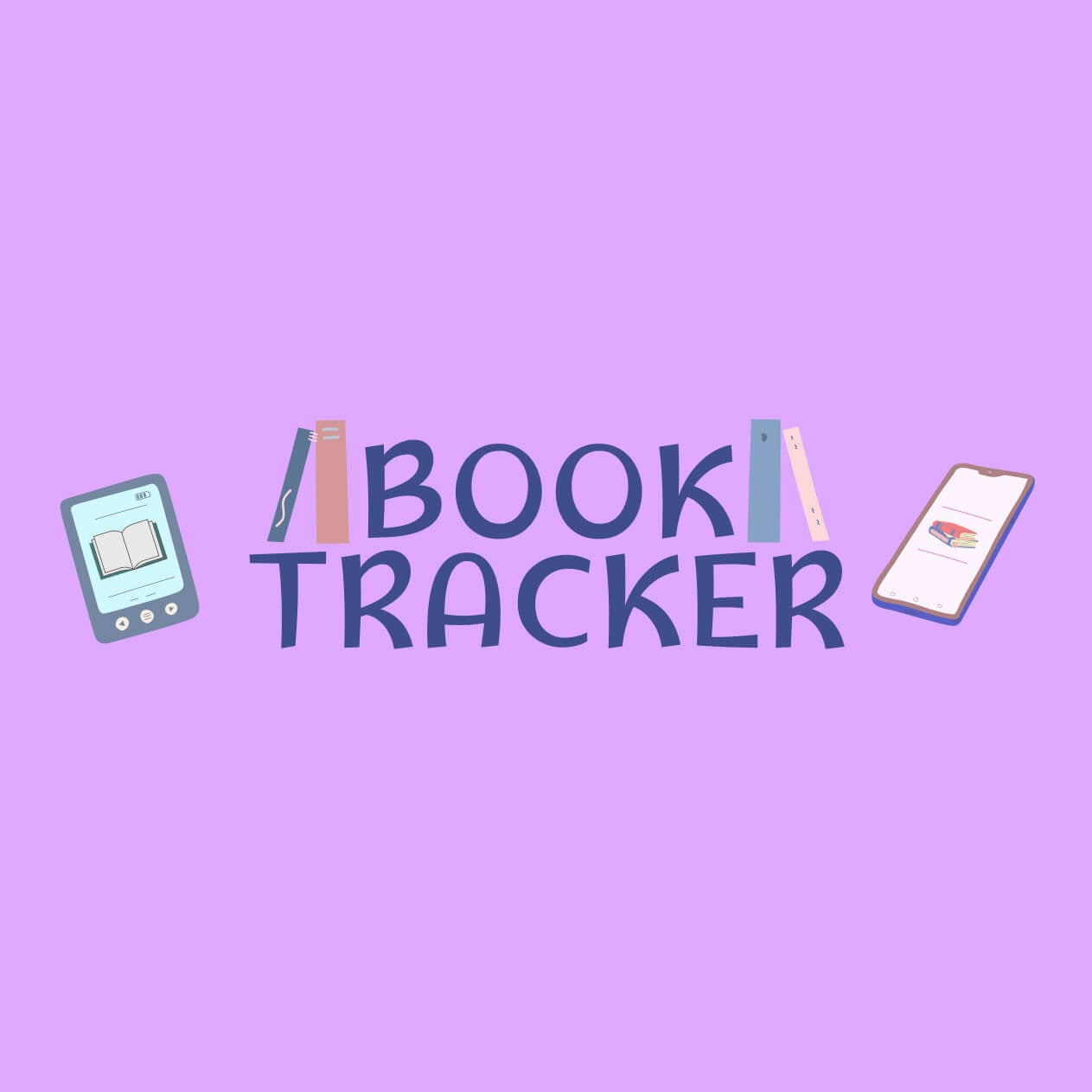 Graphic with pink background and text that reads "book tracker" with graphics of books around it