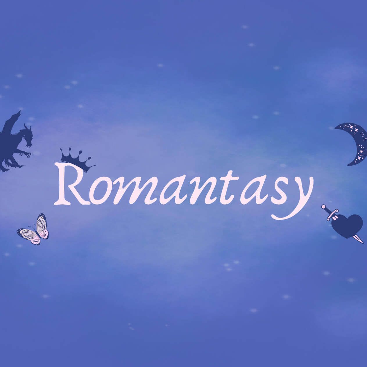 A blue background a dragon, butterfly, crescent moon, crown and heart with a dagger