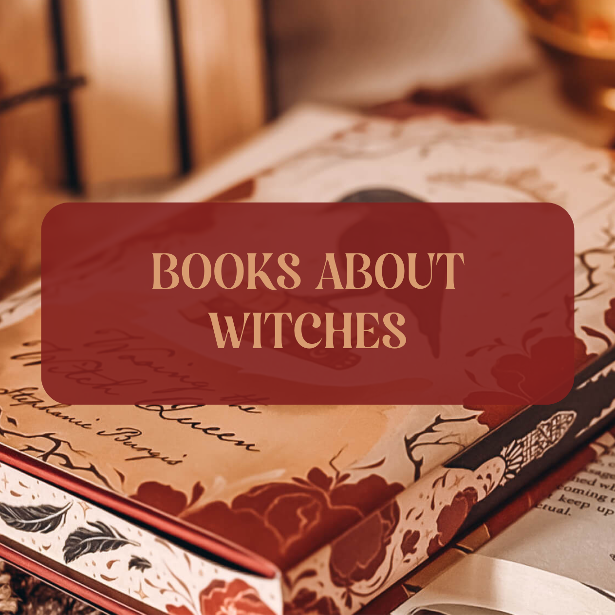 Graphic with book and text that reads "Books about witches"