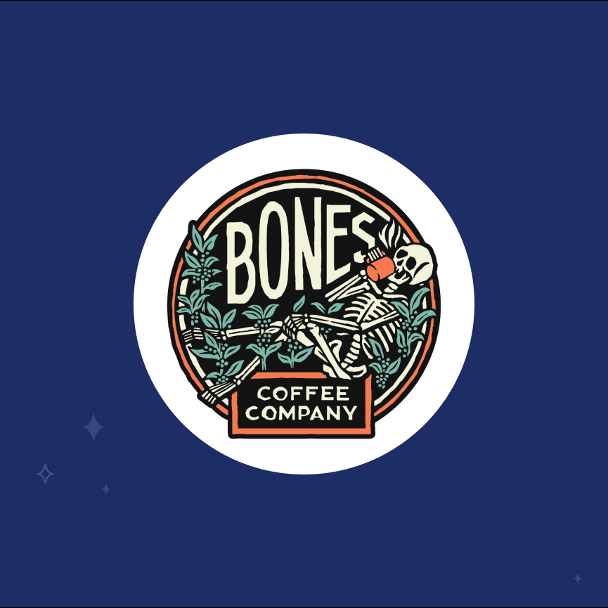 Bones Coffee Company logo on navy background