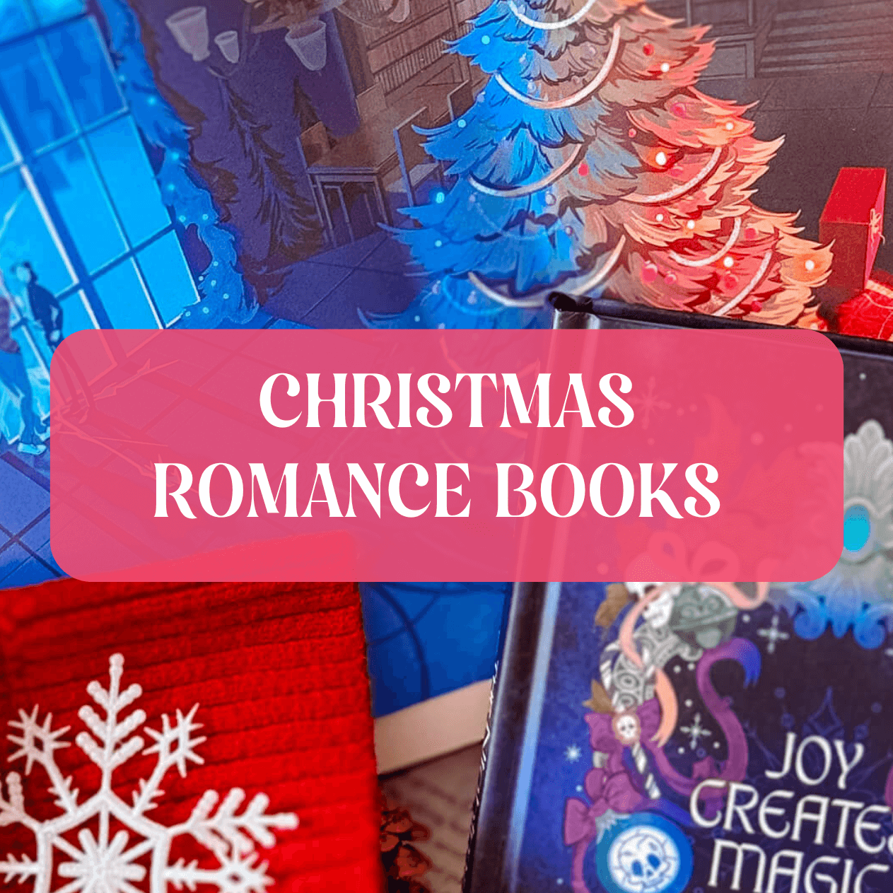 Graphic with books and text that reads "Christmas Romance Books"