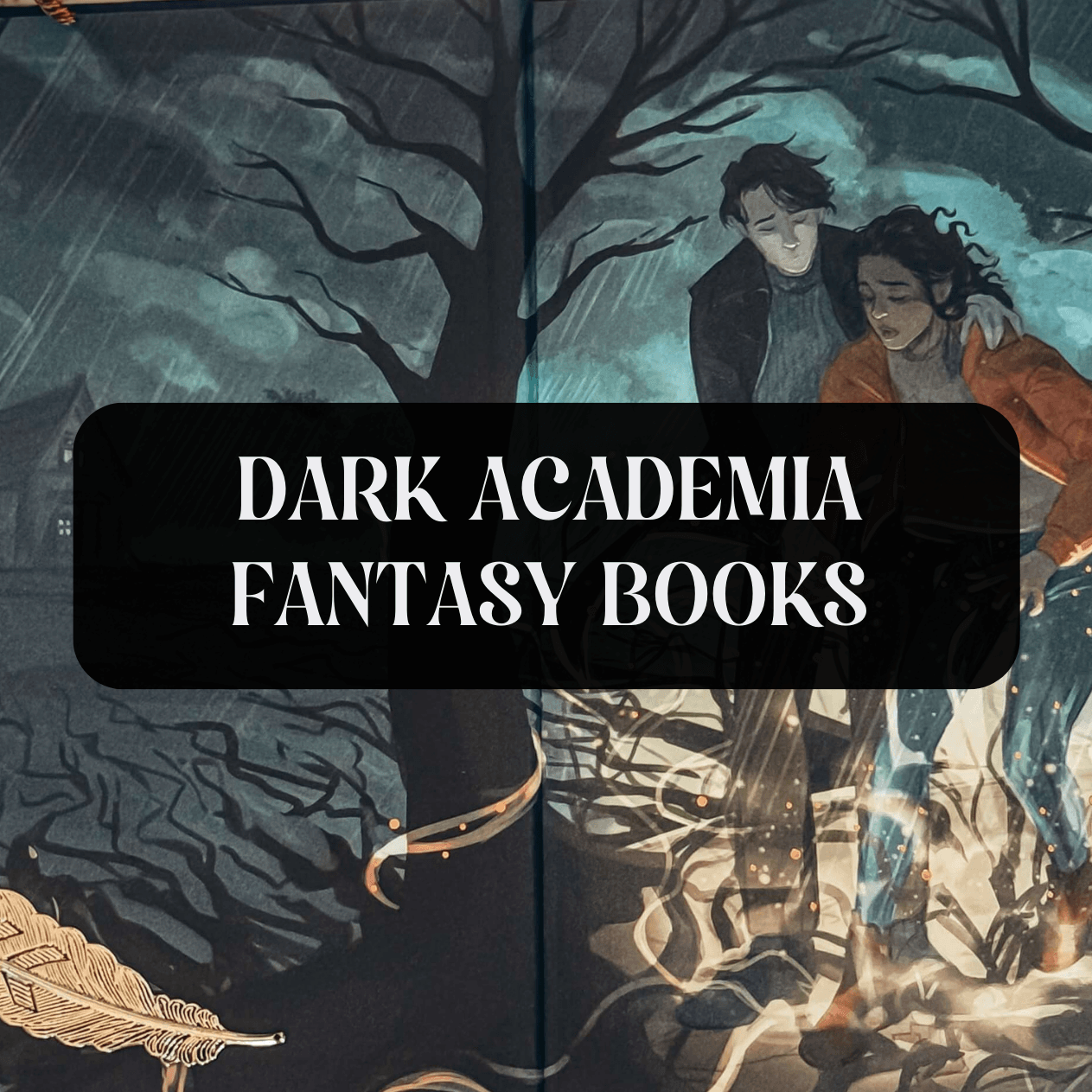 Graphic with photo of book and text which reads "Dark Academia Fantasy Books"