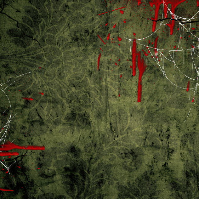 Old green lace wallpaper with cracks in the wall. On either side of the image there are spiderwebs and blood splatter.