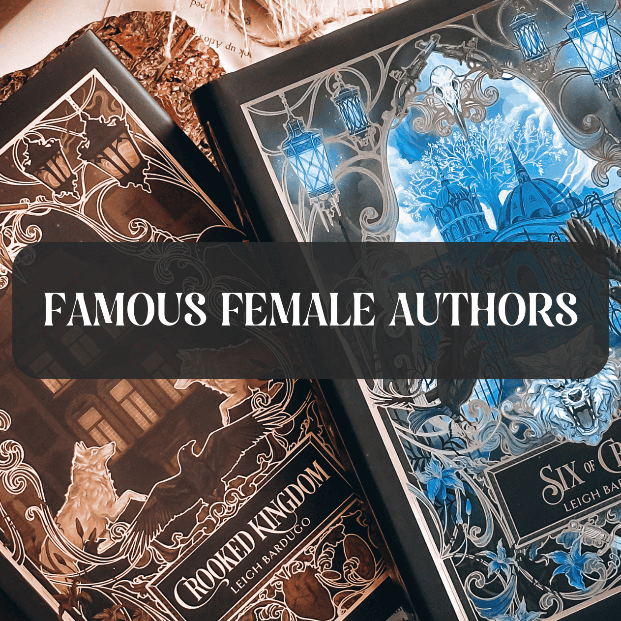 Graphic with books and text that reads "Famous Female Authors"