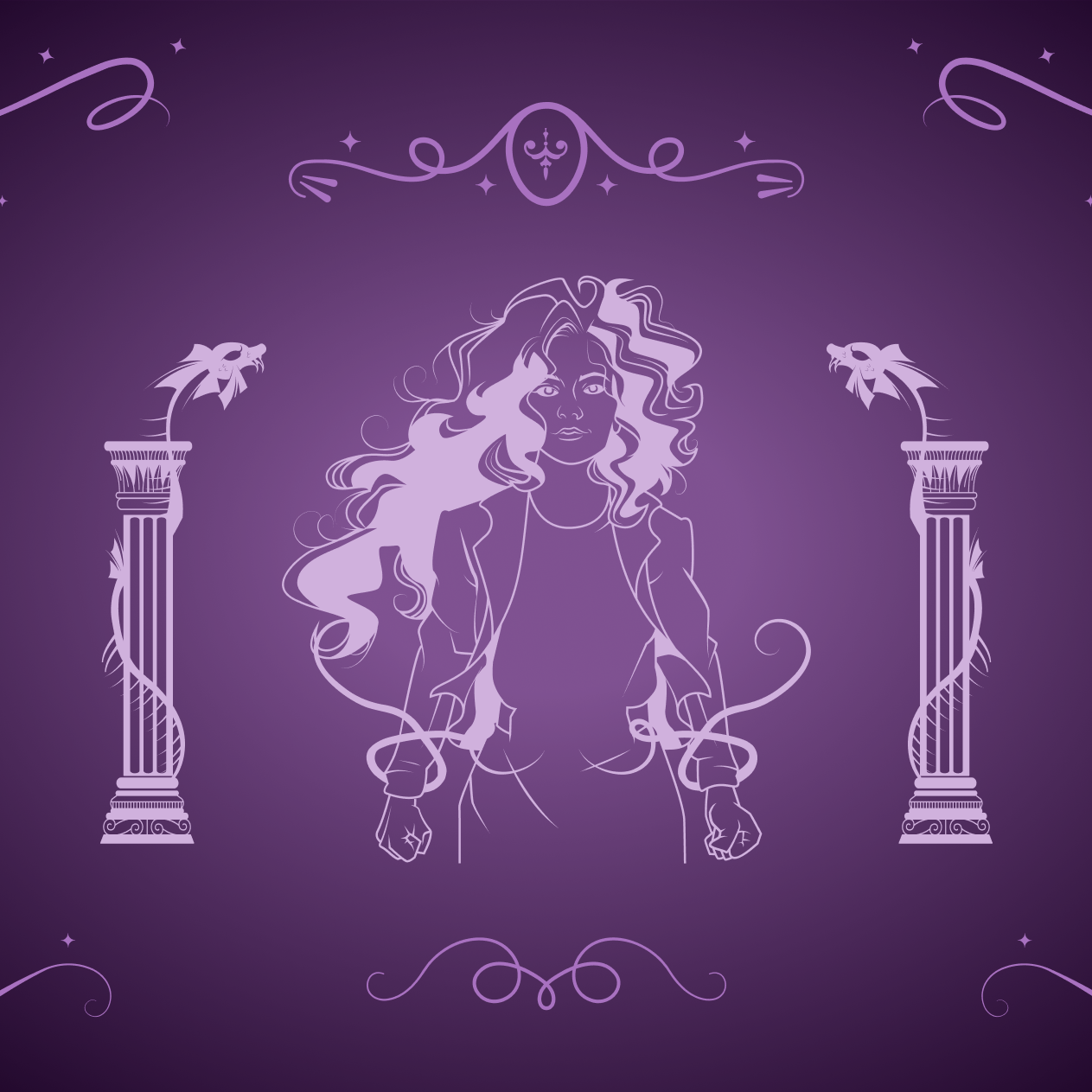 A long-haired woman with magical threads surrounding her hands is centered between two ionic pillars. Background is a dark purple fading to pale purple to highlight the figure.