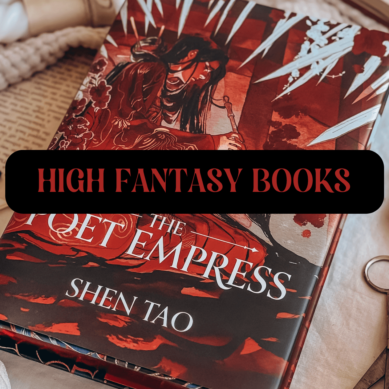 Graphic with photo of book and text which reads "High Fantasy Books"