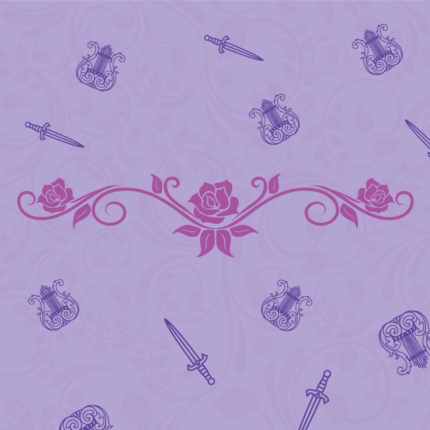 Swords and harps repeat on a light purple damask background. Three stylized pink roses centered.