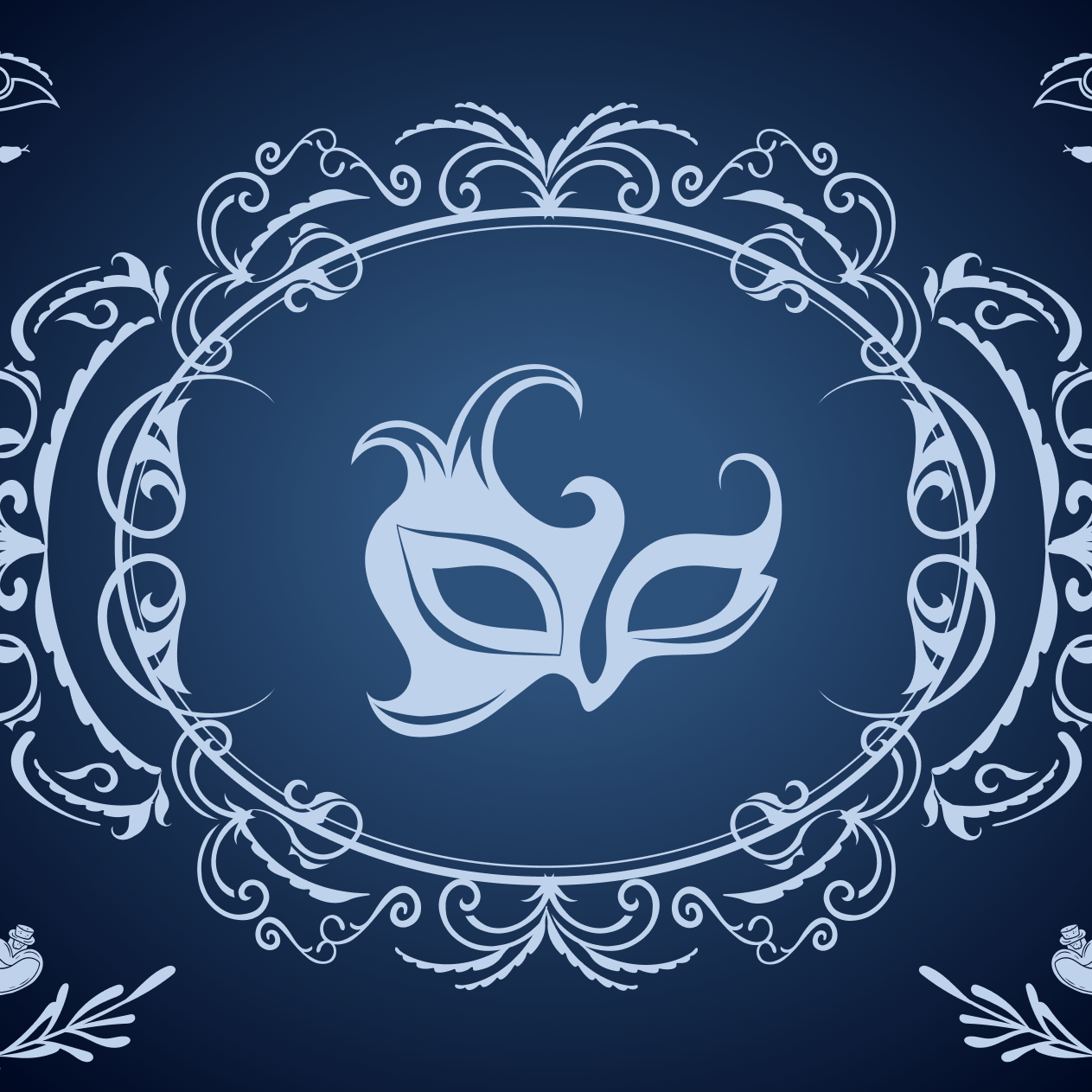Light blue stylized mask on a darker blue background, surrounded by damask designs around the border.
