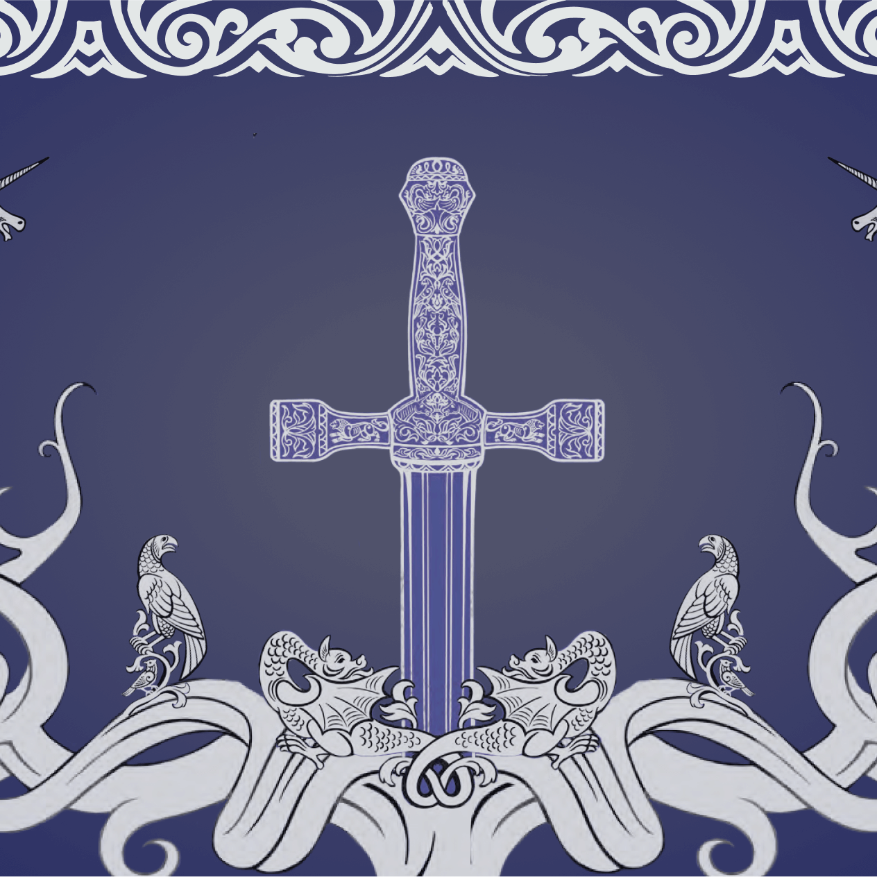 An Arthurian-style sword is centered on a blue background. Surrounding the sword are medieval-style designs of swirls and animals.