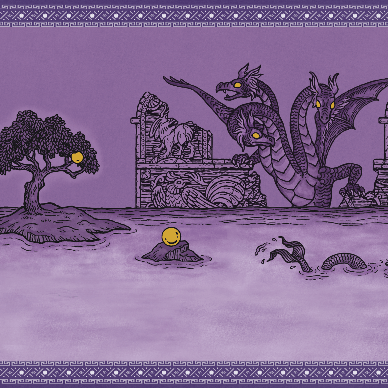 Medieval-inspired artwork showing a three-headed dragon guarding a broken stone arch, a tree with a single golden fruit on an island, and a sea creature in the foreground. The whole design is in various shades of purple with spots of yellow.