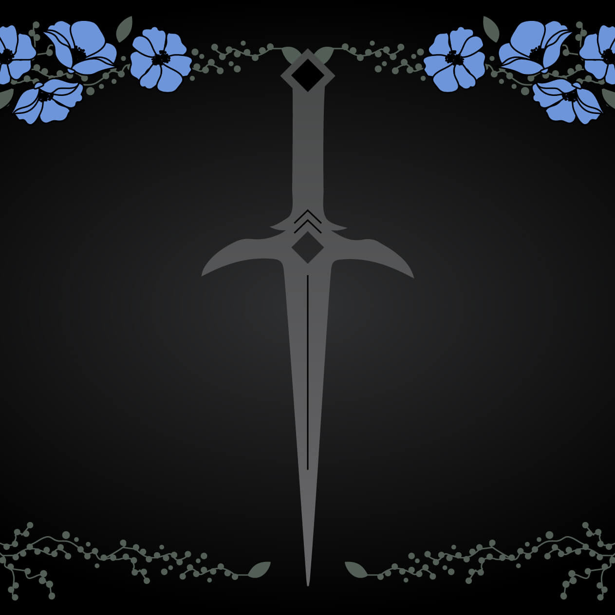 Greyscale sword centered on a black background. Border is decorated with blue flowers, grey vines, and blue short swords.