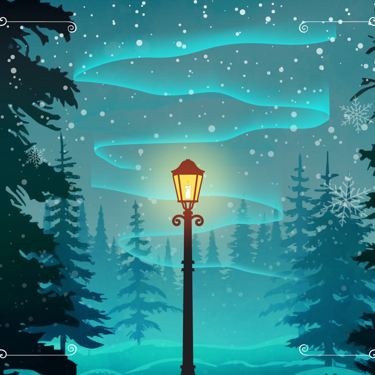 Image shows a lit lamppost in a snowy evergreen forest with an aurora borealis in the sky.
