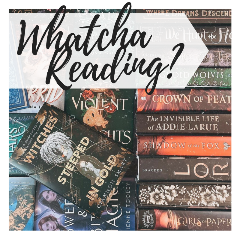 A graphic that says "Whatcha Reading?" over several book spines on the right side of the photo and book covers facing outwards on the left.