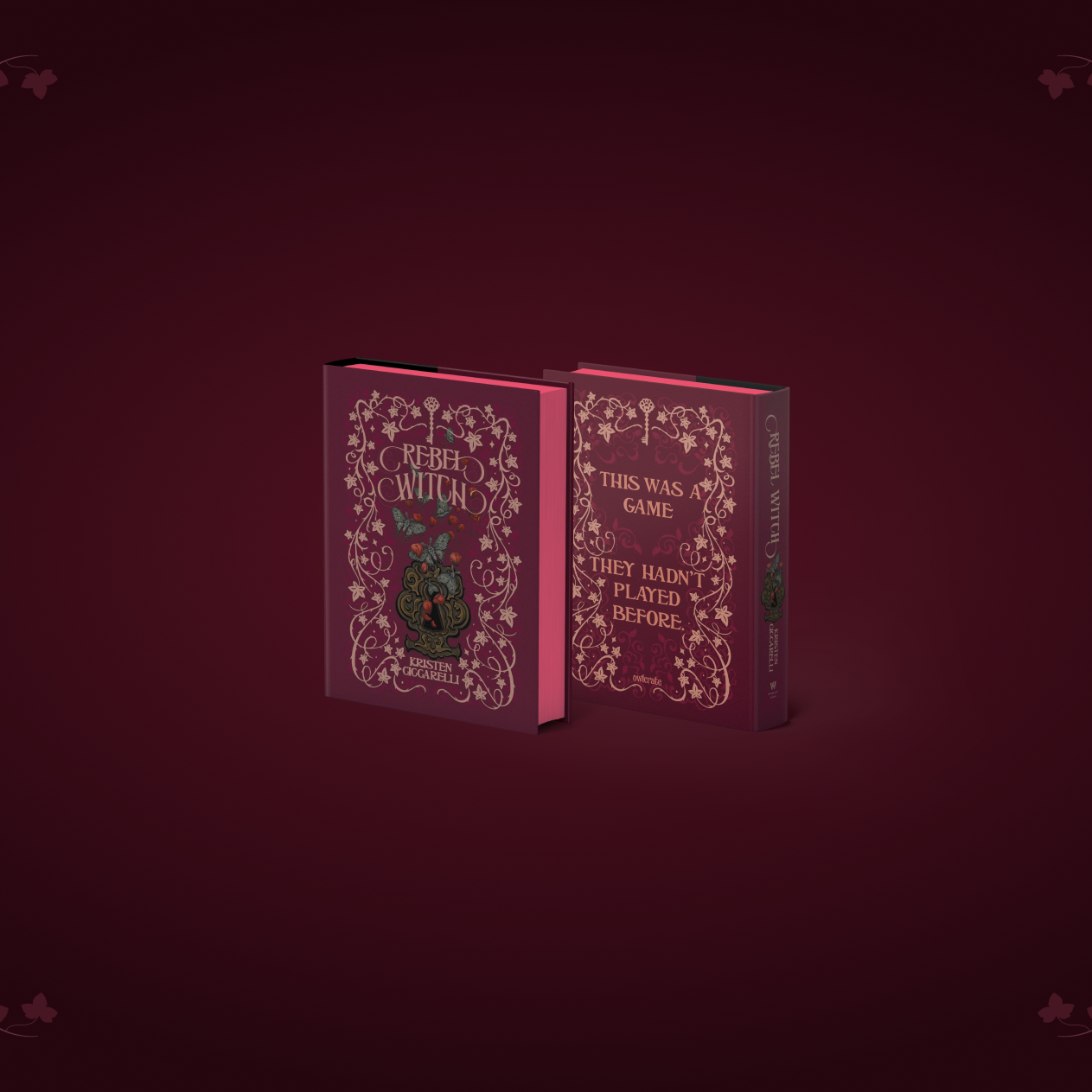 Deep red background with vines and keys along the frame. Small versions of the OwlCrate exclusive edition of Rebel Witch centered.