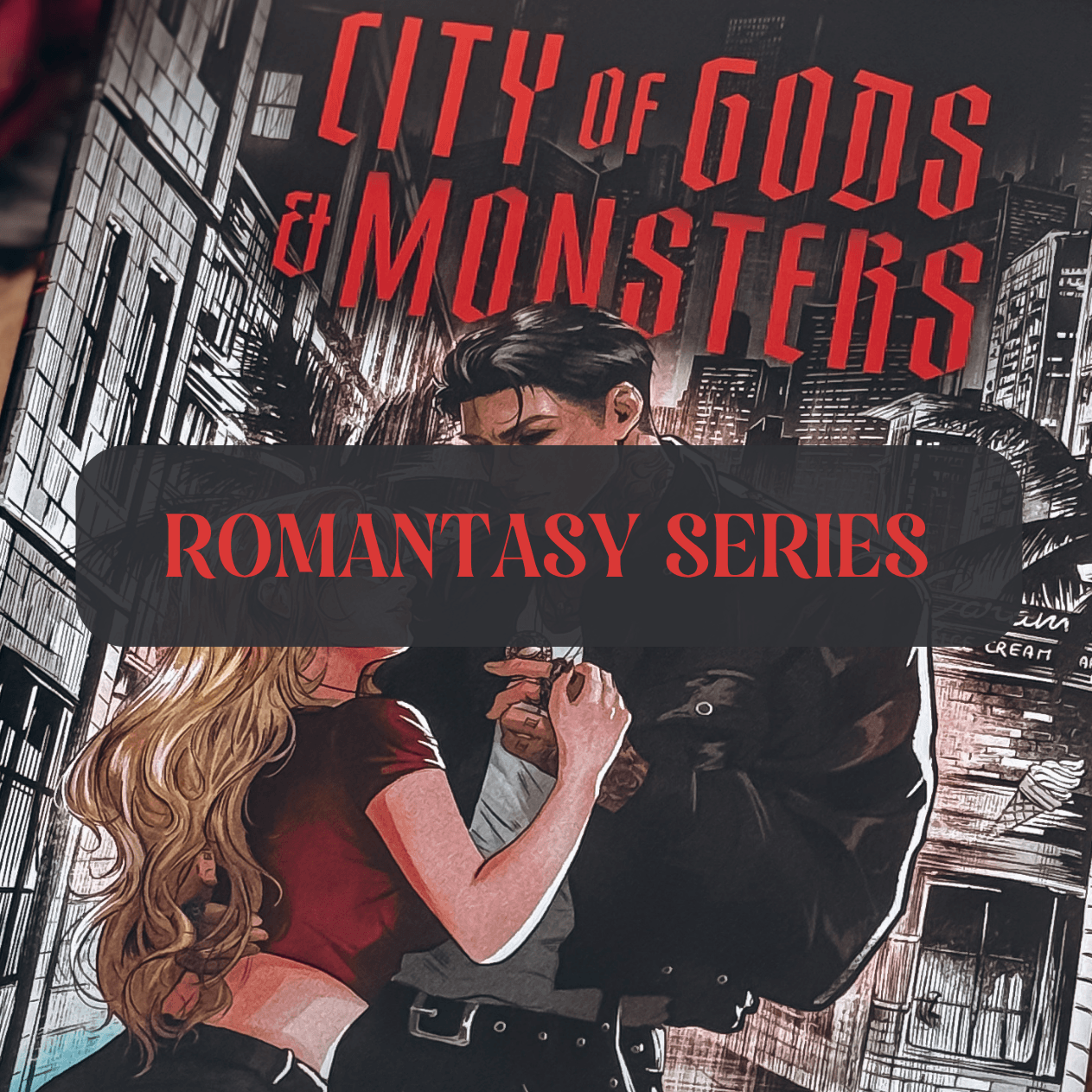 Graphic with photo of book and text which reads "Romantasy Series"