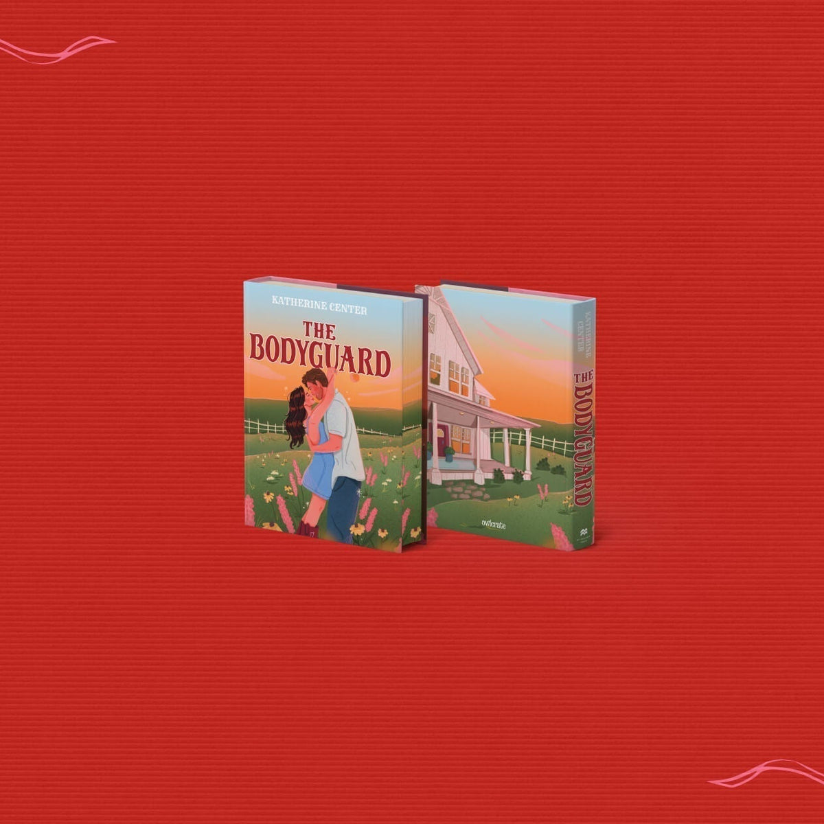 The front and back covers of The Bodyguard by Katherine Center are centered on a bright orange-red background, framed by light pink ribbons at the top left and bottom right corners.