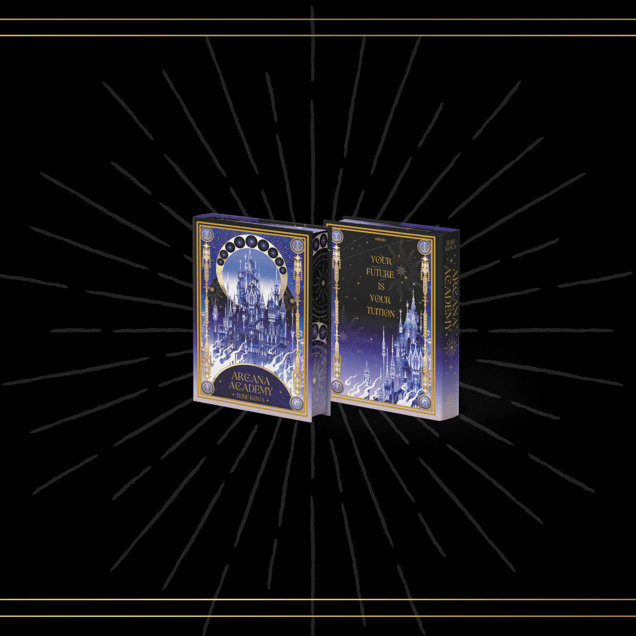 OwlCrate limited edition of Arcana Academy. The front and back of the book is centered on a black background surrounded by a faint light blue starburst. An ornamental design frames the borders.