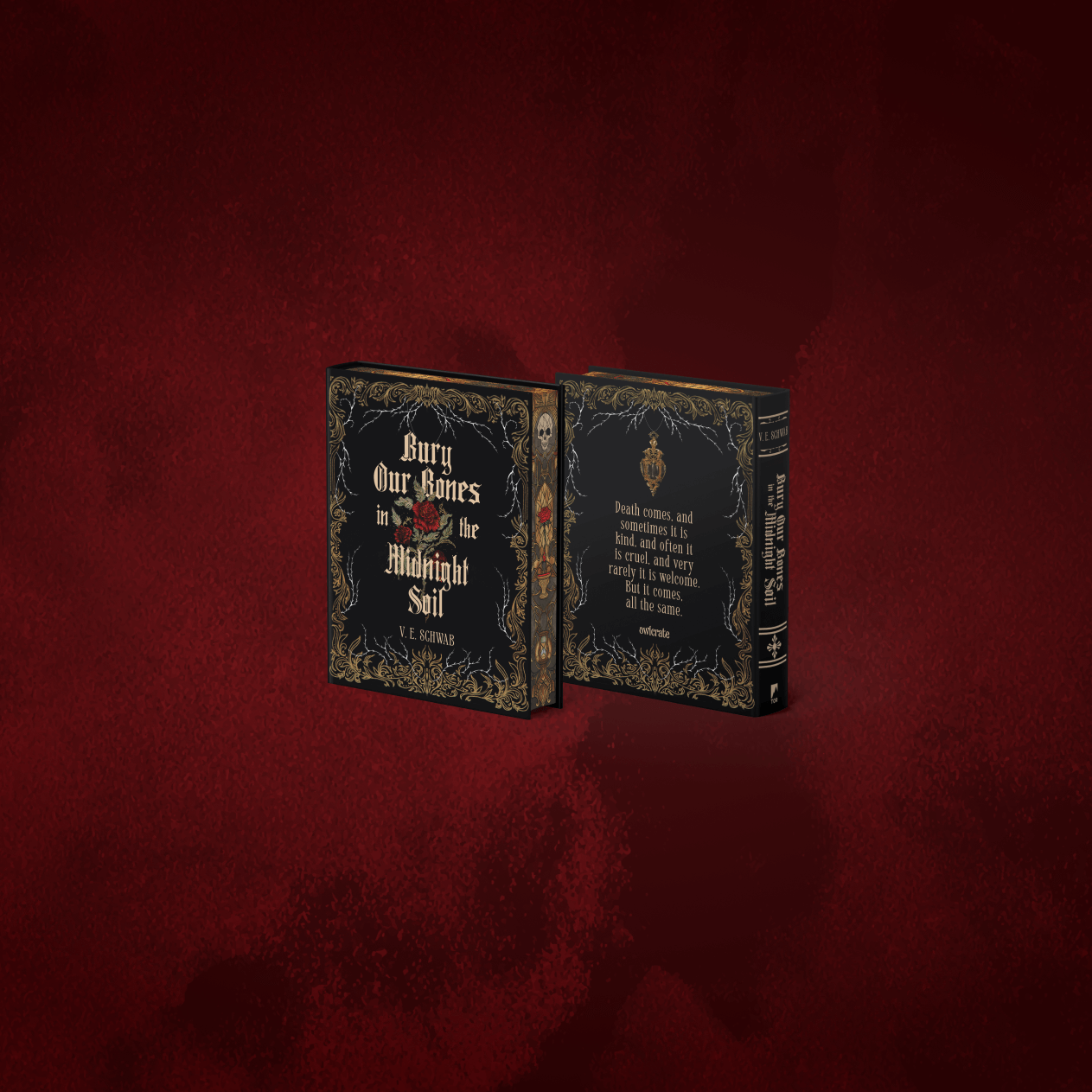 OwlCrate limited edition of Bury Our Bones in the Midnight Soil. Front and back cover centered on a patchy, deep red background with decorative gold designs framing the borders.