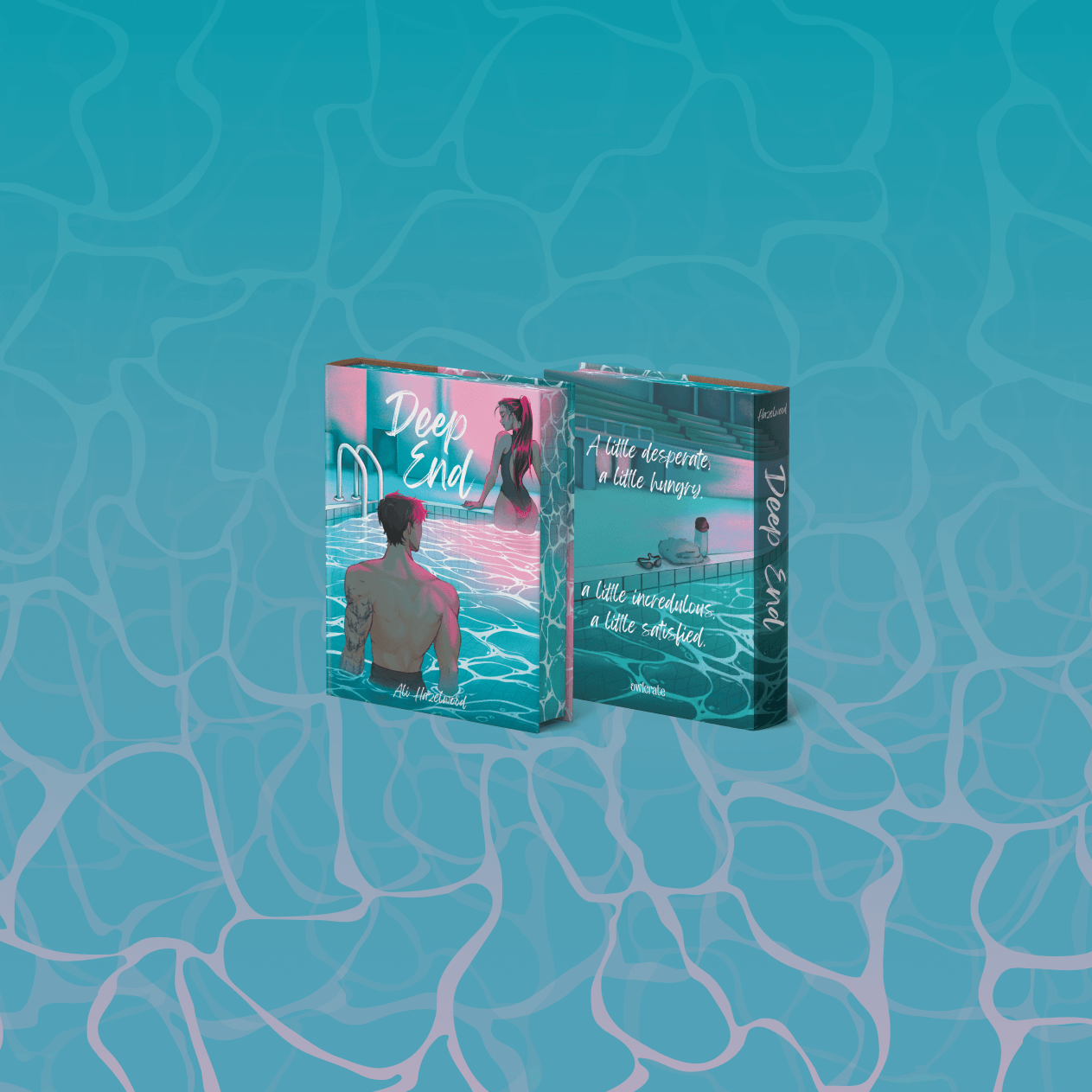 OwlCrate edition of the Deep End book, both front and back covers, centered on a blue water background.