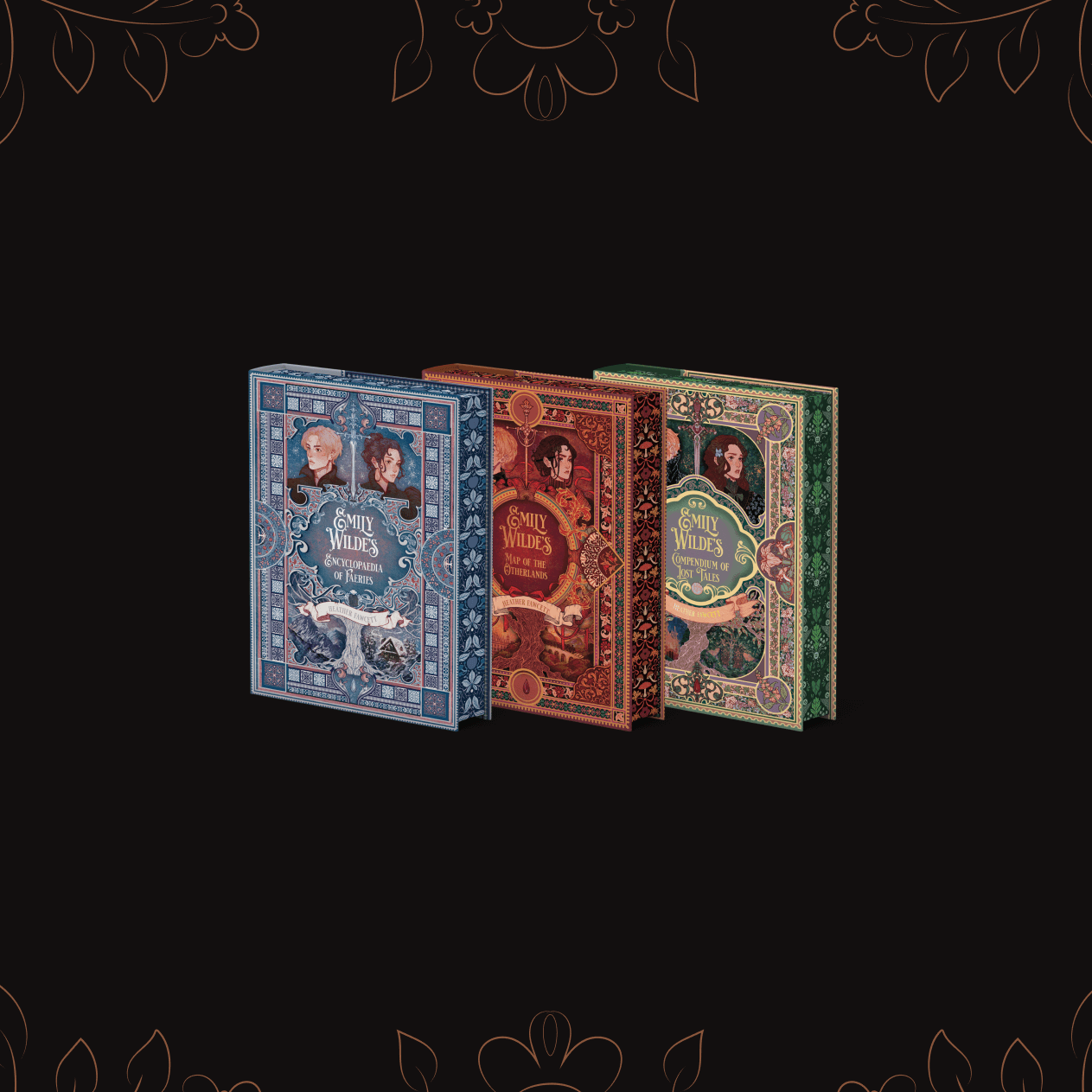 Emily Wilde book set centered on a black background with gold vine details decorating the border.