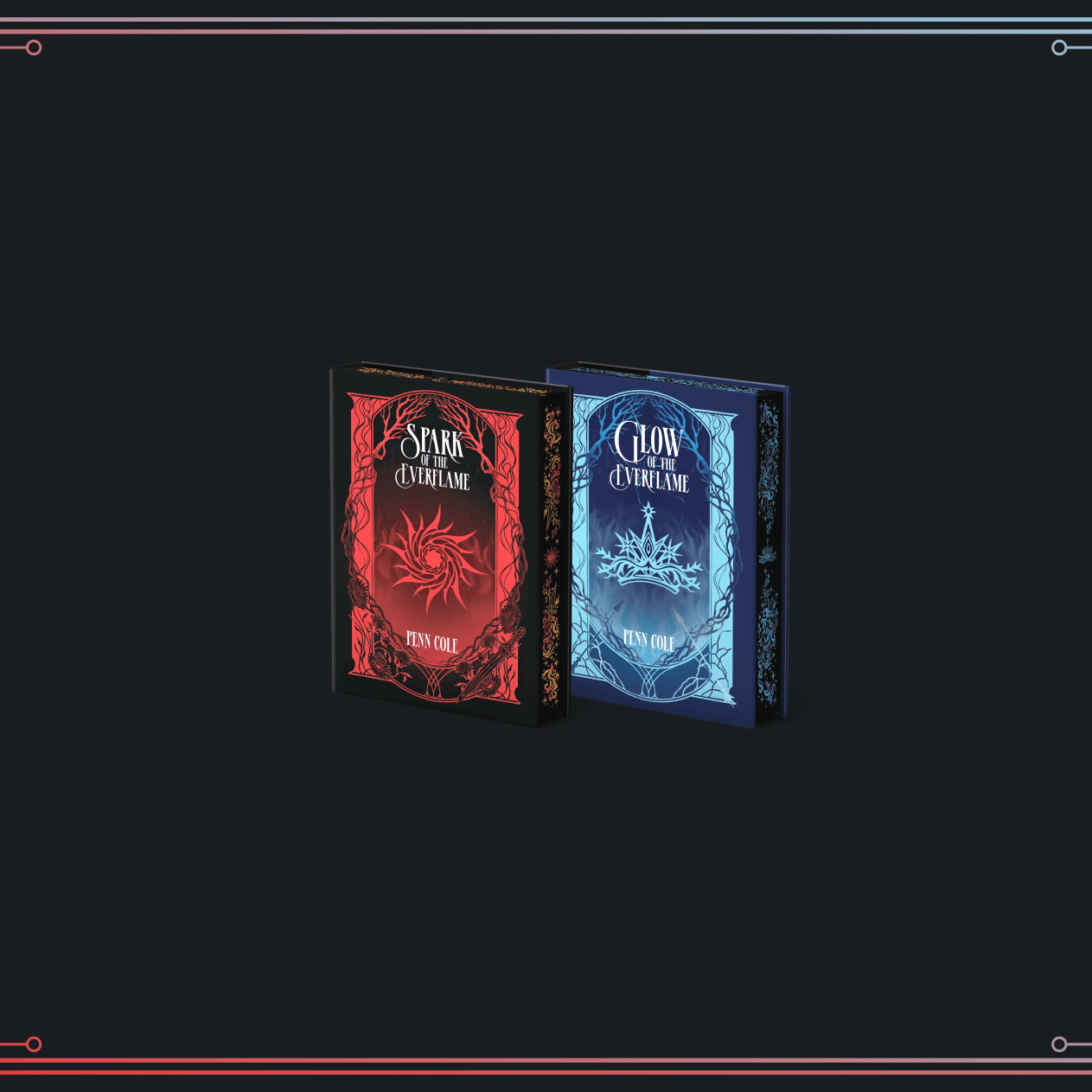 OwlCrate limited editions of Spark of the Everflame and Glow of the Everflame. Front covers of both books centered on a black background, with ornamental designs fading from red to blue frame the borders.