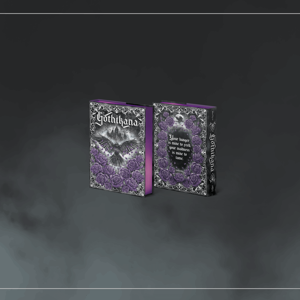 Grey smoky background framed in lighter grey designs featuring small versions of the OwlCrate exclusive edition of Gothikana.