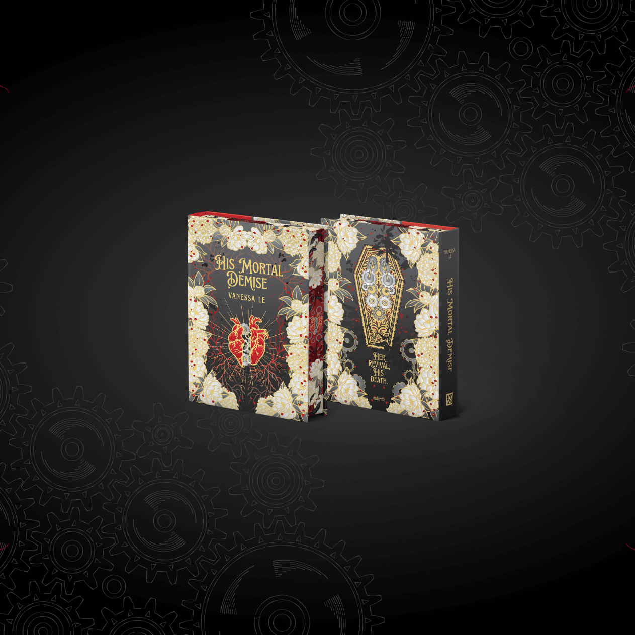 The front and back of the OwlCrate exclusive cover for His Mortal Demise centered on a black background with light gray gears and red veins decorating the corners.