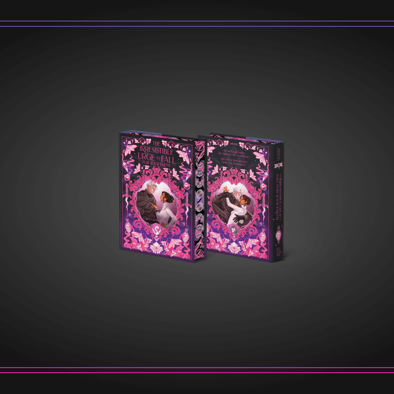 OwlCrate limited edition of The Irresistible Urge to Fall For Your Enemy. The front and back of the book is centered on a black background with purple and pink ornamental designs of framing the borders.