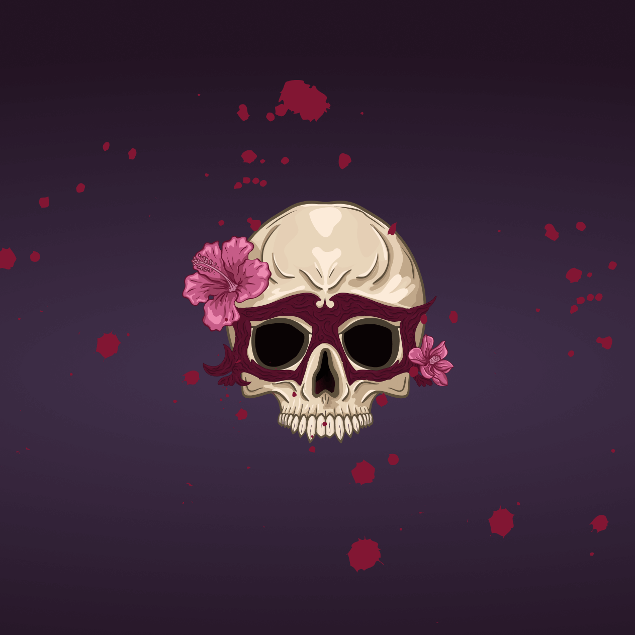 A purple-masked skull with pink flowers is centered on a dark purple background with a smattering of fuschia blood splatter. Bones with a purple decorative wrapping frame the sides.