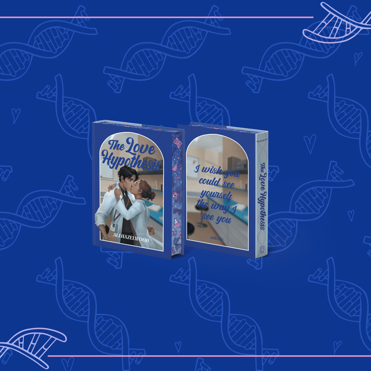 OwlCrate limited edition of The Love Hypothesis book by Ali Hazelwood. Front and back covers centered on blue background stamped with illustrated DNA strands.