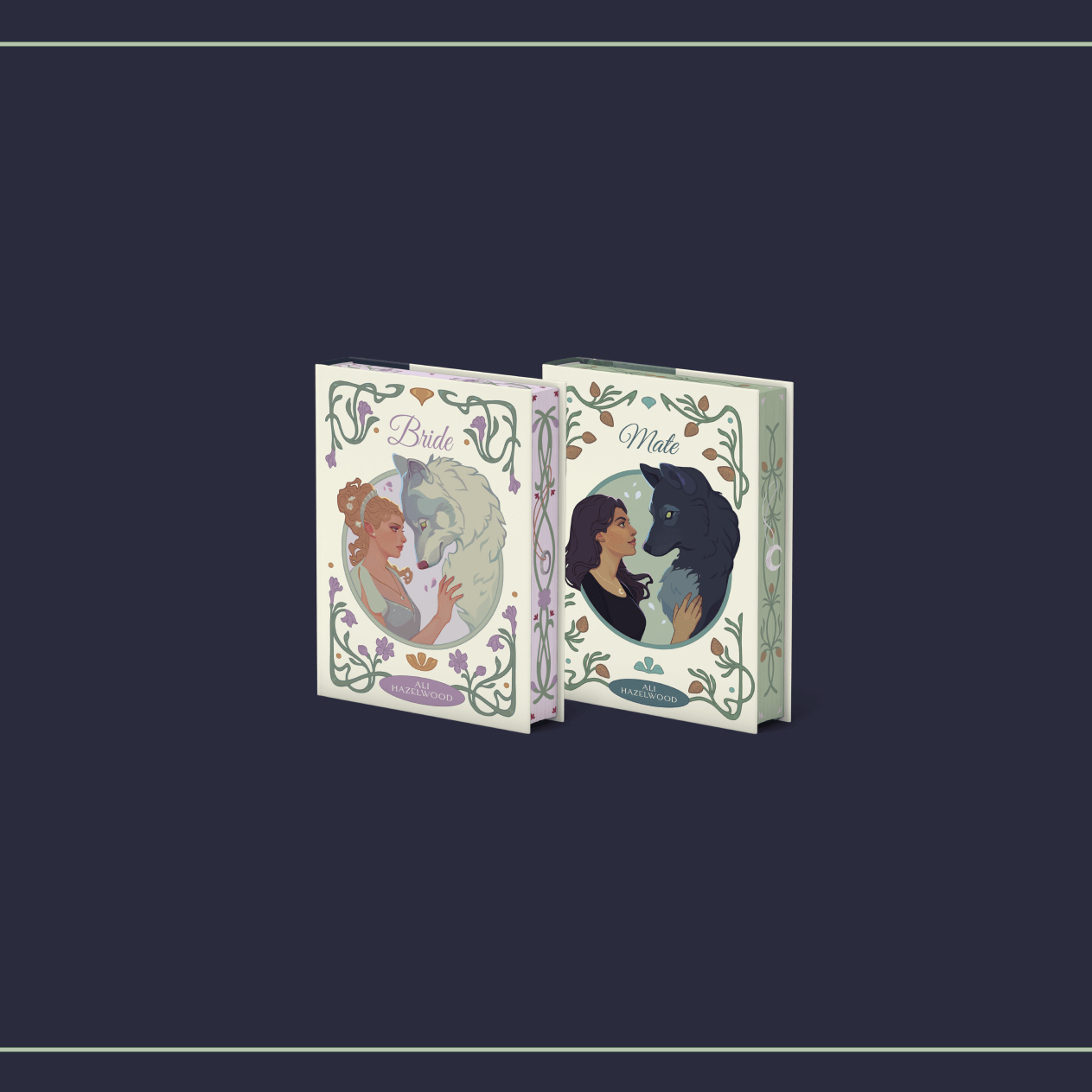 OwlCrate limited edition of the Bride and Mate book set. The front of the two series books are centered on a dark blue background with light green vines framing the corners.