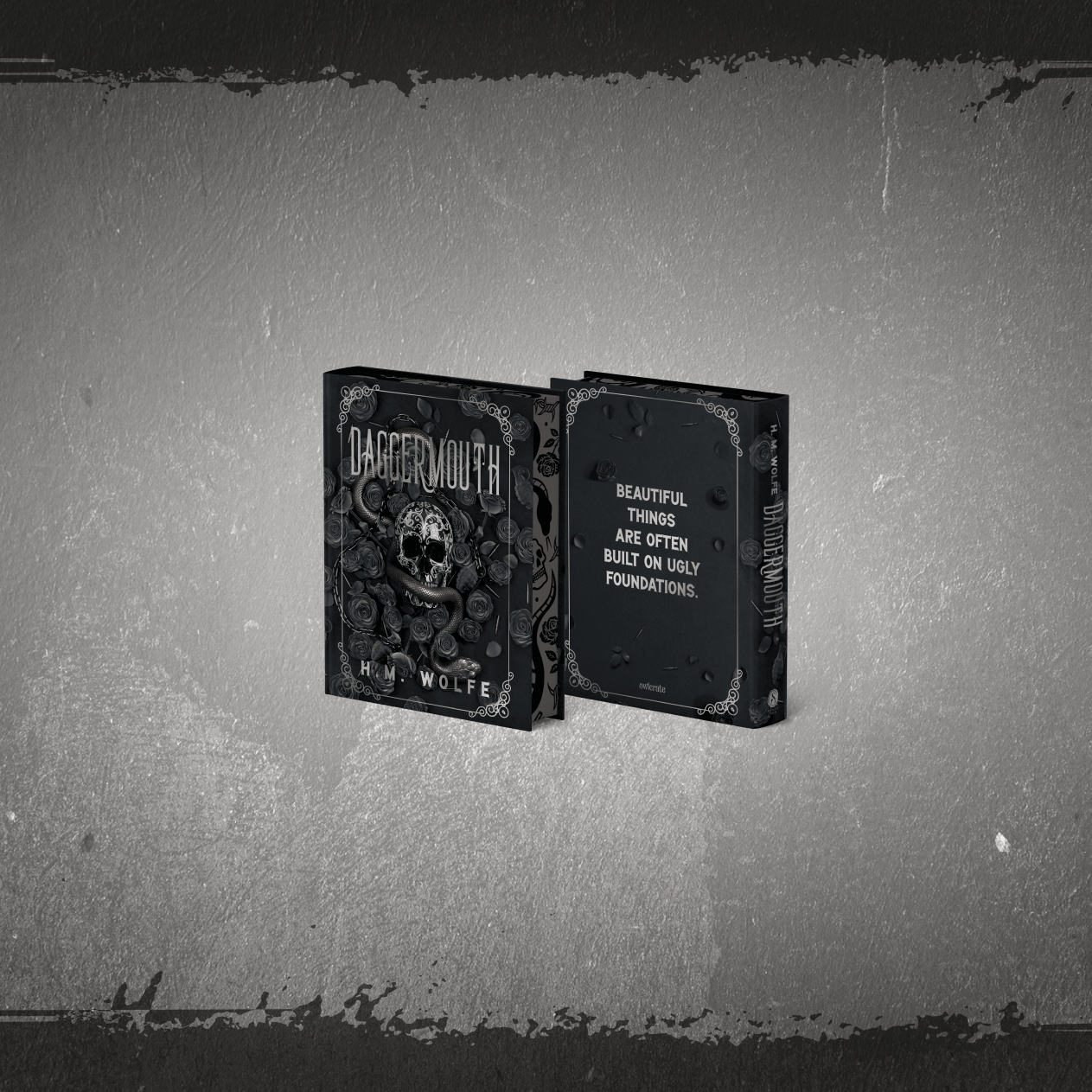 OwlCrate limited edition of Daggermouth by H. M. Wolfe. Front and back covers centered on gray, concrete-like background with a black grout-like border.