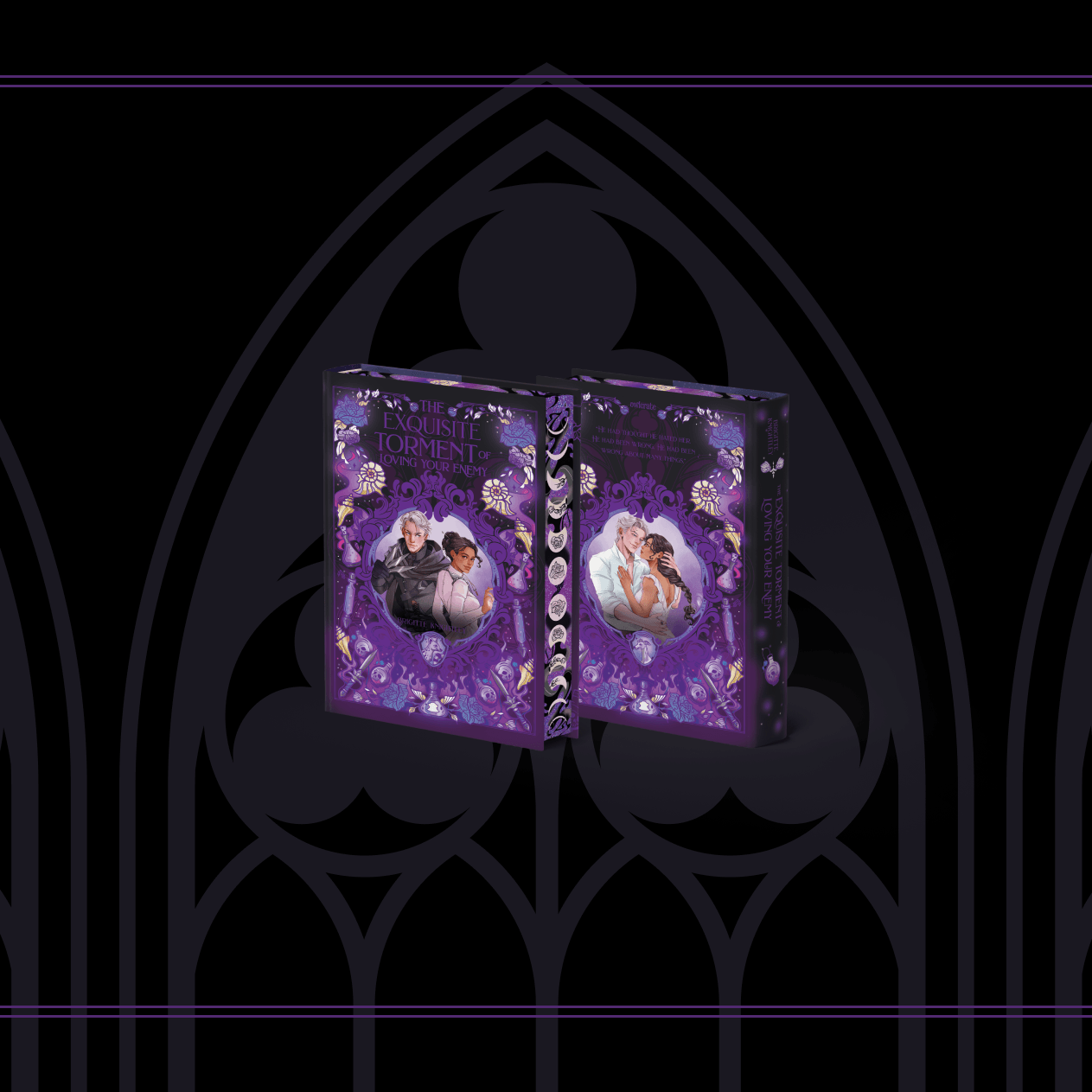 OwlCrate limited edition of The Exquisite Torment of Loving Your Enemy. Front and back covers centered on black background with illustrated dark purple gothic arches. Purple potion bottles frame the corners.