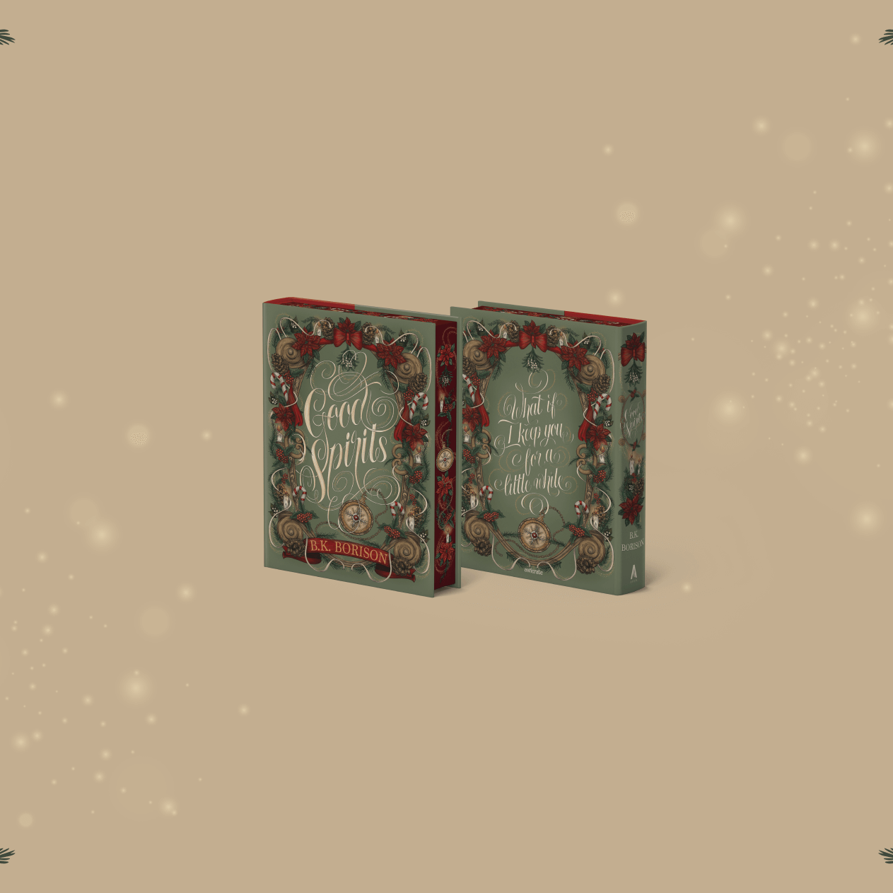 OwlCrate limited edition of Good Spirits. The front and back of the book are centered on a beige background with sparkles and holly decorating the edges.