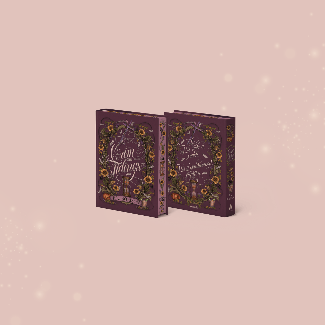 OwlCrate limited edition of Grim Tidings by B.K. Borison. Front and back covers centered on pale pink background with darker pink feathers and dandelion puffballs framing the corners.