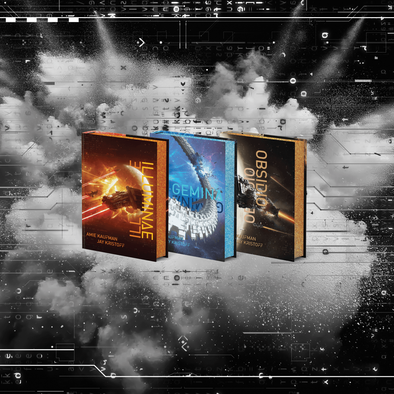 OwlCrate limited editions of The Illuminae Files series. The front covers of three books are centered on a black, cyber background.