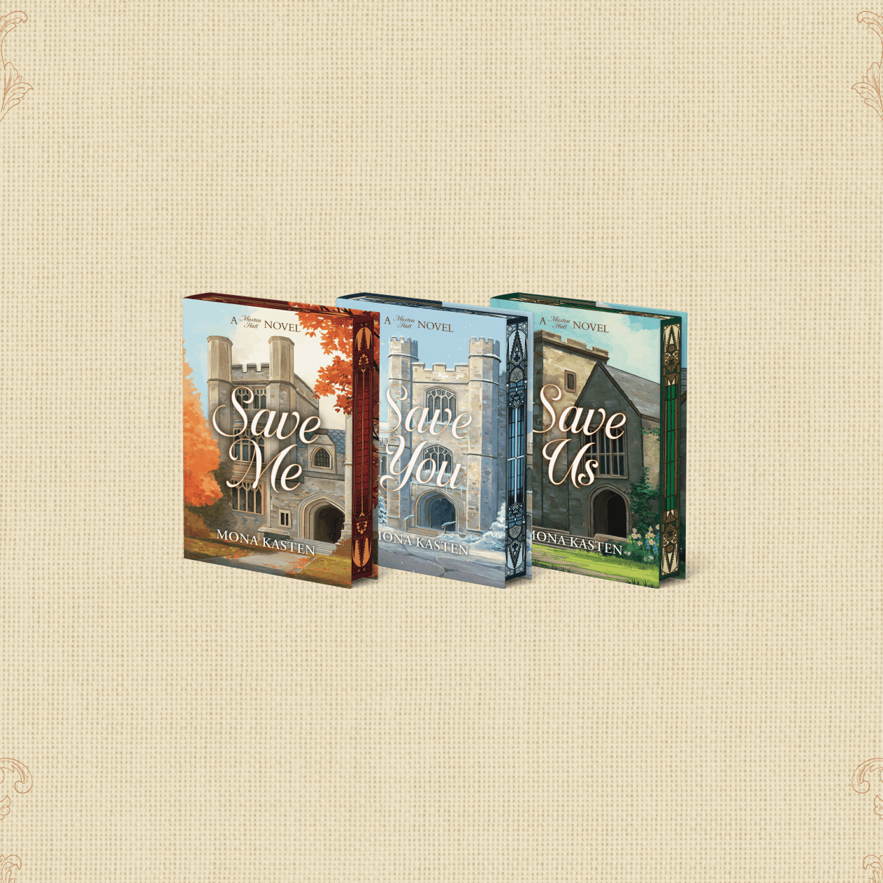 OwlCrate limited editions of the Maxton Hall book set trilogy. The front covers of three books are centered on a cream, paper-textured background with filigree designs framing the corners.
