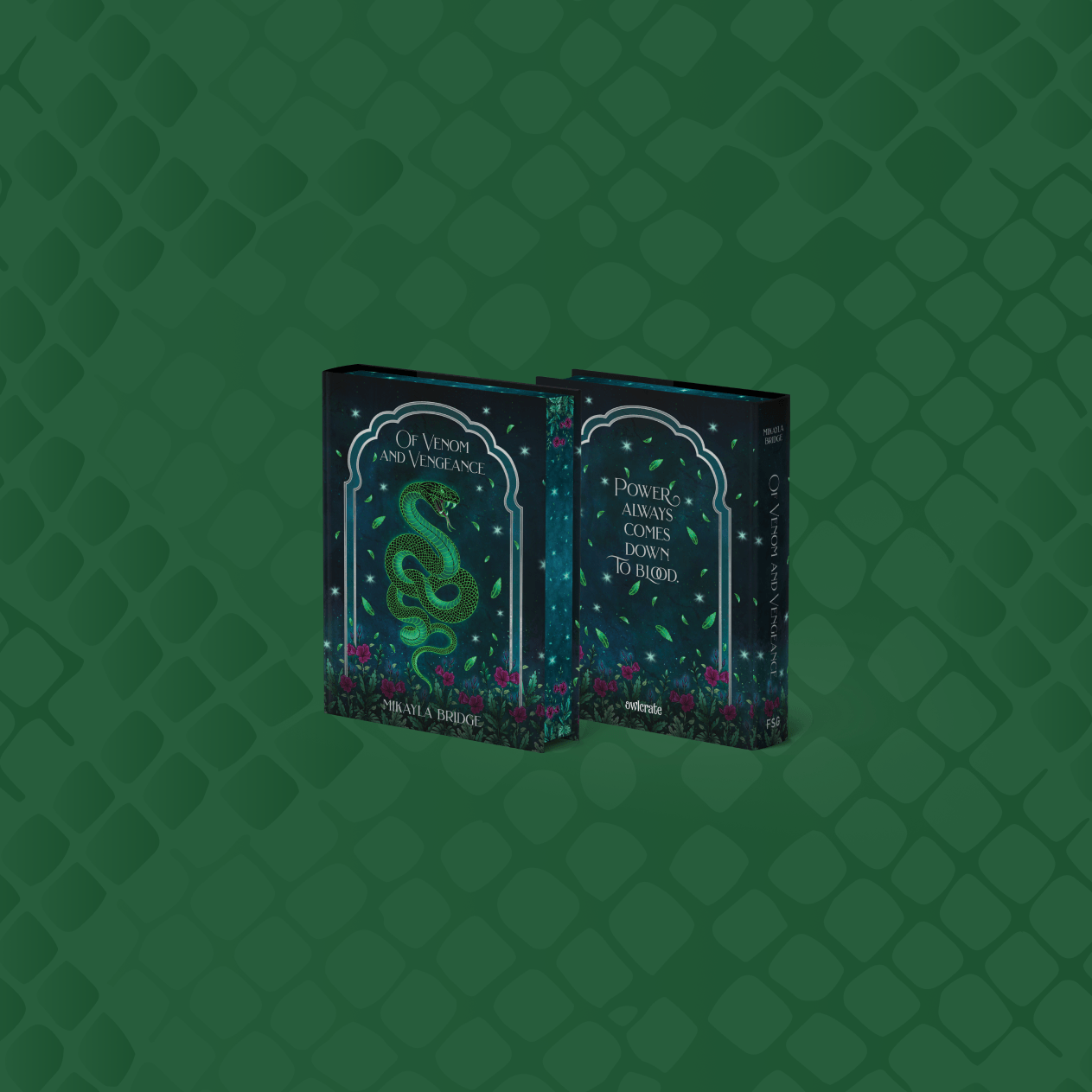 OwlCrate limited edition for Of Venom and Vengeance. Front and back covers centered on green, snake skin background.