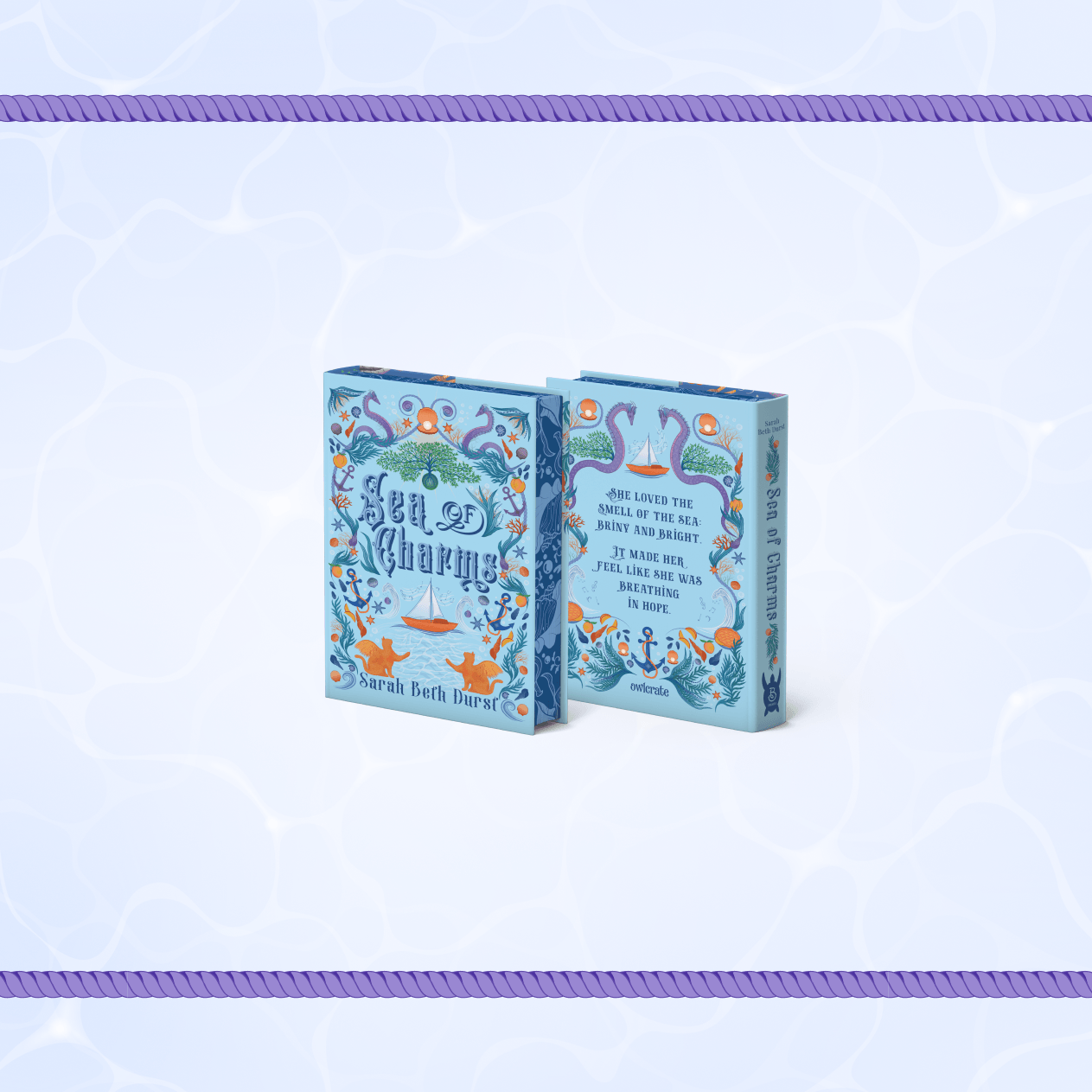 OwlCrate limited edition of Sea of Charms. Front and back covers centered on light purple background with water illusion. Darker purple nautical rope frames the edges of the border.