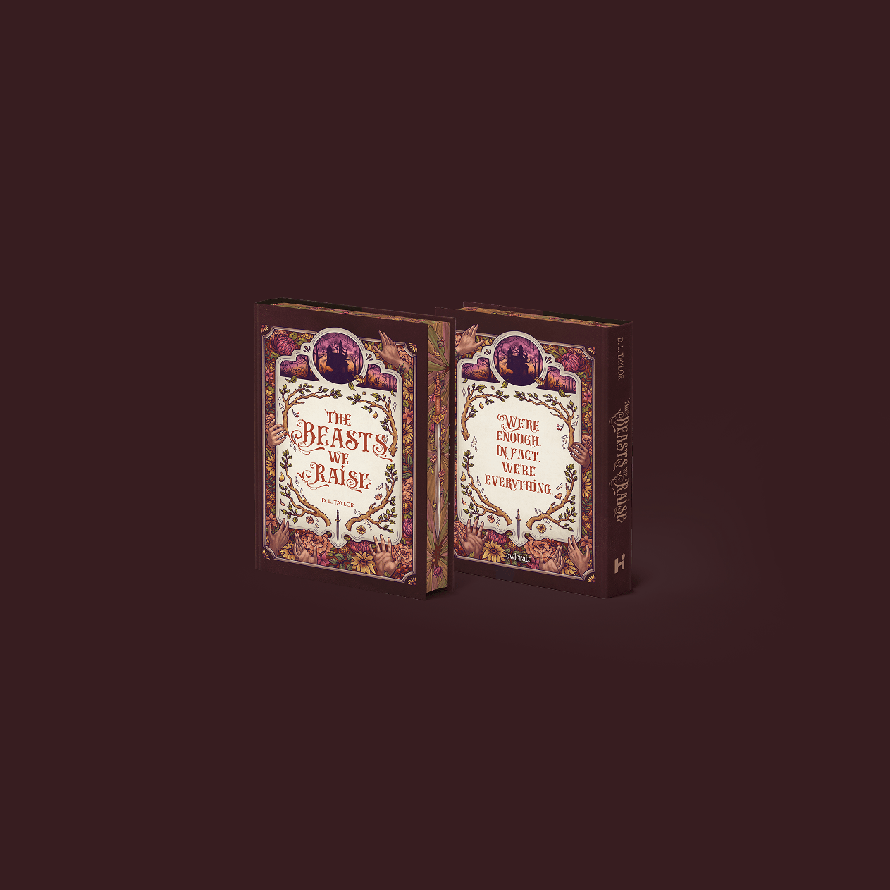 OwlCrate limited edition of The Beasts We Raise. Front and back covers centered on maroon background with illustrated flowers and vines framing the sides. Book cover shows the title centered on a cream background with designs in pink and maroon.
