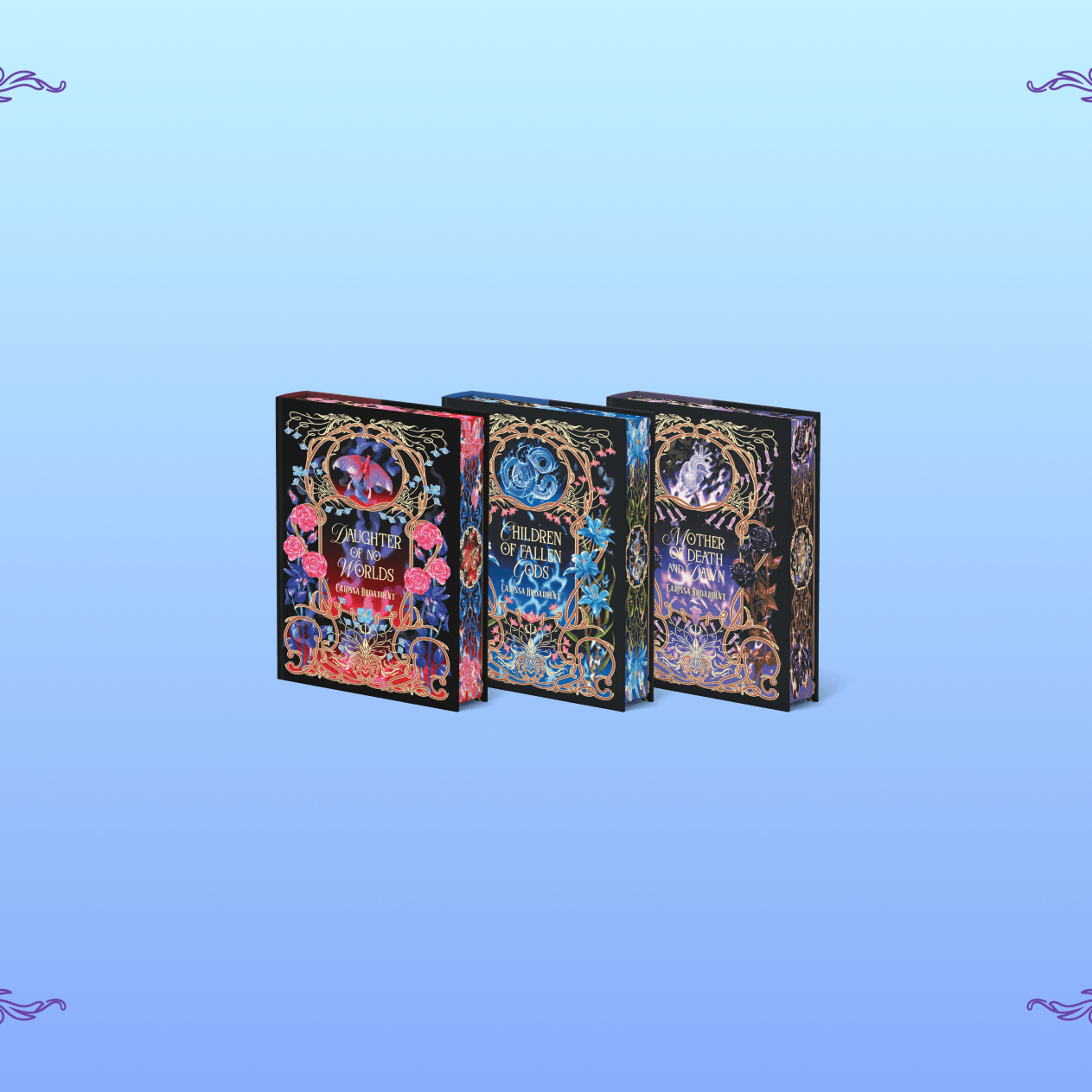 OwlCrate limited editions of The War of Lost Hearts book set trilogy. The front covers of three books are centered on a light blue to darker blue ombre background with purple filigree designs framing the corners.